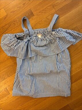 J. Crew Blue and White Striped Ruffle Shoulder Top
